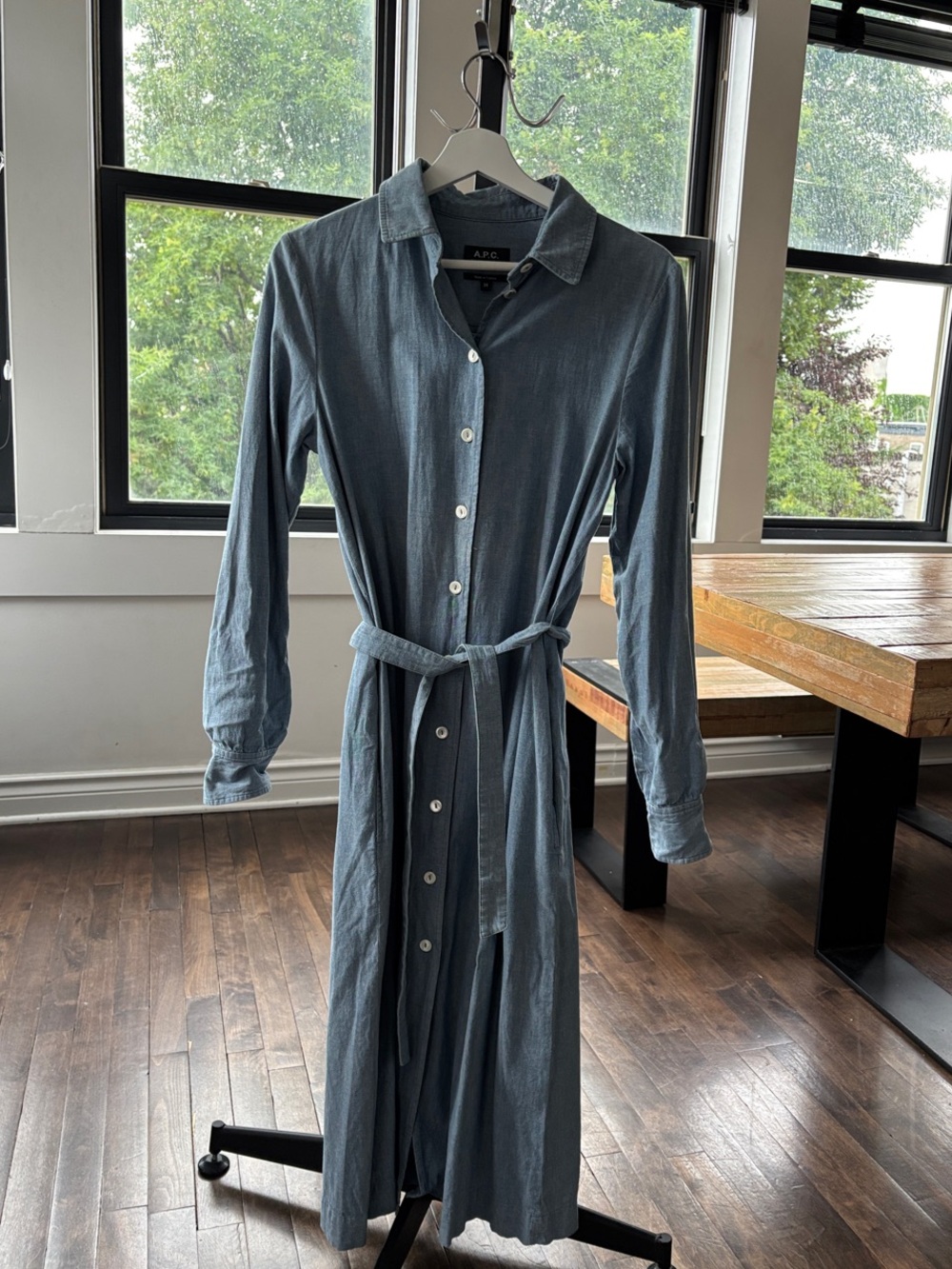 A.P.C. Slate Blue Long-Sleeve Button-Front Shirt Dress with Tie Belt